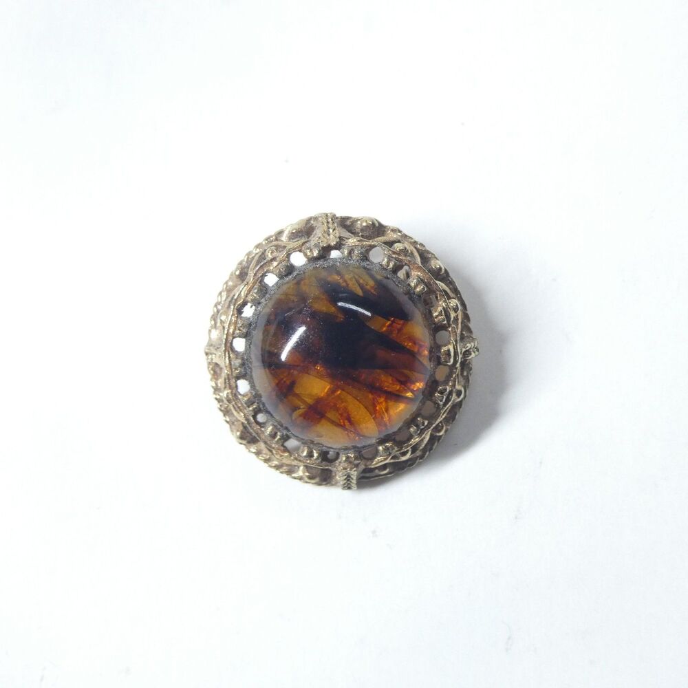 Brown Swirled Glass Brooch Round Goldtone Vintage Pin Retro